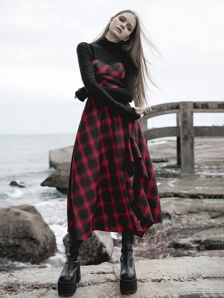 PUNK RAVE Girl's Red-black Check Irregular Ruffle