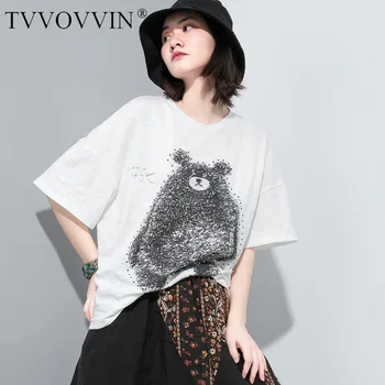 

TVVOVVIN 2020 Summer New Pullover Print Cartoon O-neck Large Size Casual Losoe Streetwear Personality Firl Female Short A235