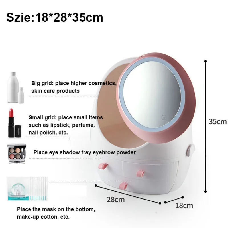 Косметический ящик для хранения с светодиодный зеркало для макияжа с подсветкой сенсорный затемнение Портативный LED-подсветка маленького зеркала для ванной путешествия рабочего стола