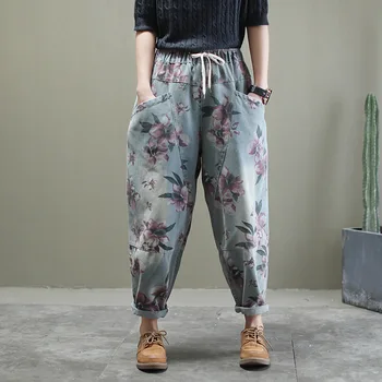 

2020 New Retro Style Woman Jeans Elastic Waist Floral Print Pocket Casual Loose Denim Harem Pants Vintage High Waist Jeans