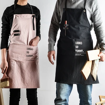 

Apron cotton and linen baking solid color studio Korean work overalls waist kitchen gown butcher apron