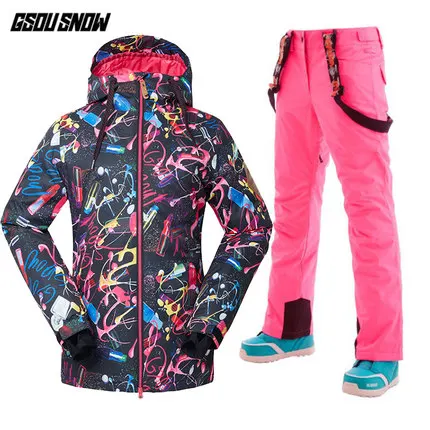 Color 4 GSOU Снежный женский лыжный костюм сноуборд куртка брюки лыжный костюм брюки ветрозащитный водонепроницаемый Зимний костюм женский супер теплый с капюшоном - Цвет: Color 4