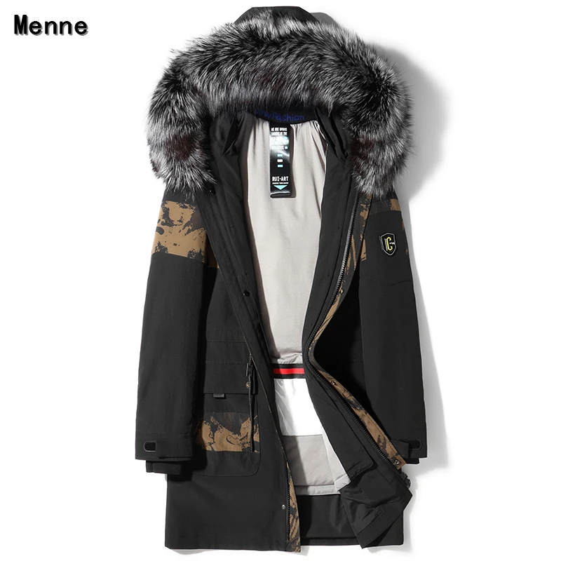 Abrigo largo y mediano de invierno para hombre, cuello de zorro plateado desmontable