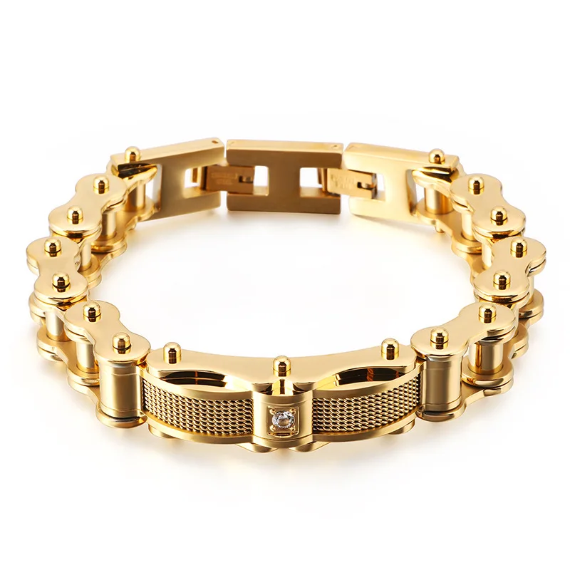 

Punk Gold Stainless Steel Bike Biker Bracelet Men 15MM heavy Motorcycle Bicycle Chain Link Mens Bracelets With Crystal Zircon