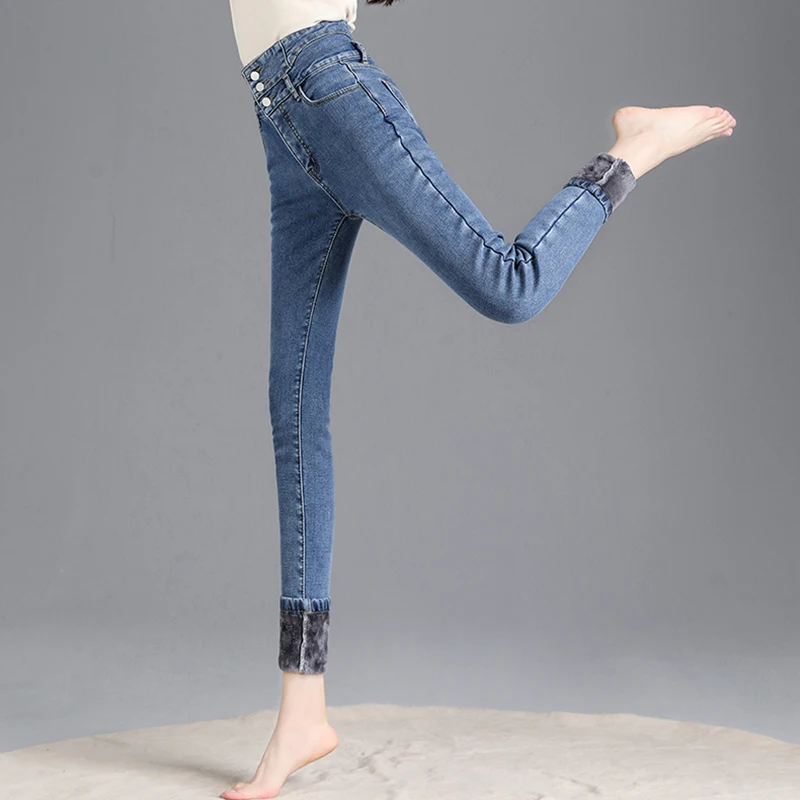 

High Waist Stretch Thinck Velvet Women's Jeans Single Breasted Skinny Ankle Length Denim Mujer Slim Pencil Pants Warm Winter