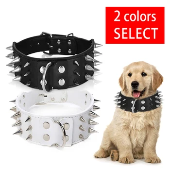 

Stylish Appearance Adjustable S/M/L Size Three Rows Of Spikes Decorated PU Material Black Solid Color Secure Buckle Dog Collar