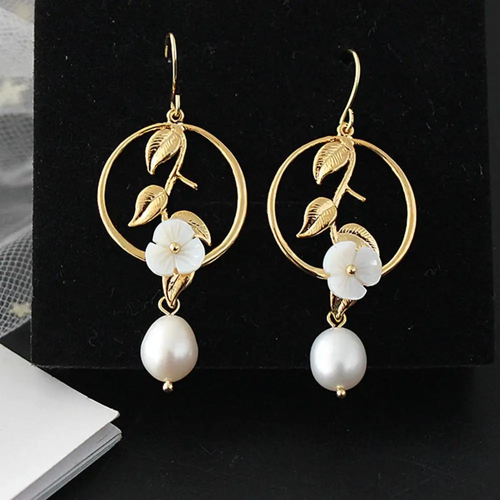 ES0520 Серьги с жемчугом, покрытые медью, 14K золото, Пресноводный Жемчуг, круглый лист, раковина, цветок, серьги, свисающие серьги, подарок, ювелирное изделие - Цвет камня: ES0520