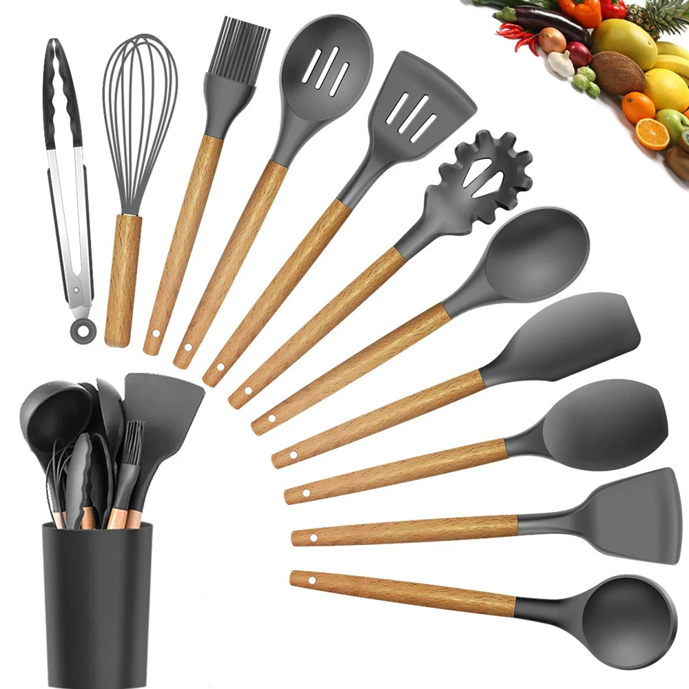 Silicone Wooden Spatula Non-Stick Soup Spoon Colander Shovel Cooking Utensil //\