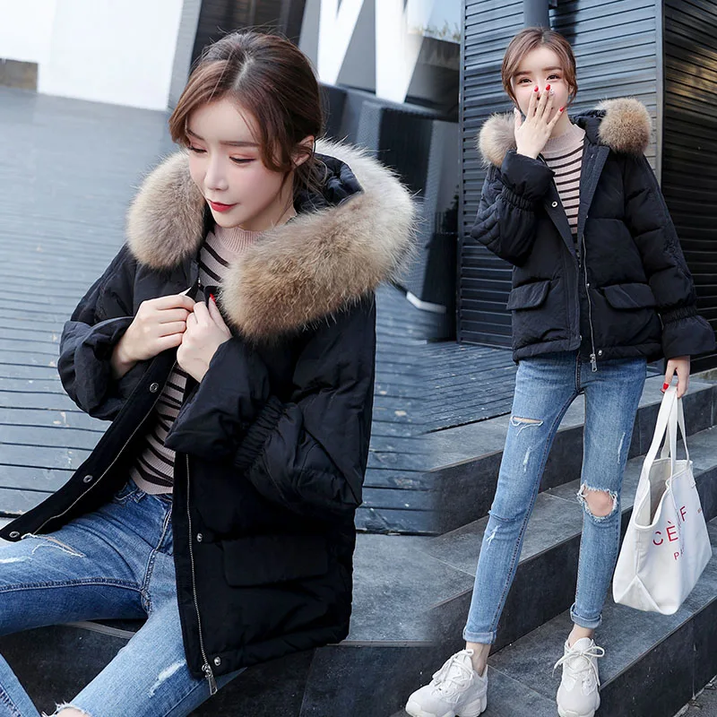 Зимняя женская куртка+ енотовый мех с капюшоном, корейский пуховик на утином пуху, женские зимние короткие пальто, тонкая одежда женская LW1179