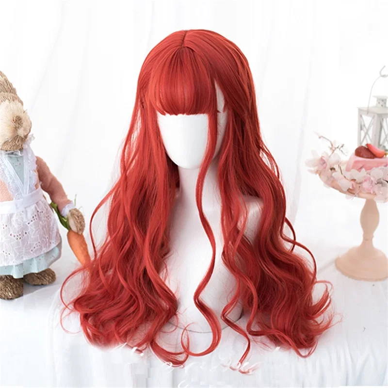 Косплей микс 60 см Лолита длинные кудрявые красный/светильник синяя челка милый Хэллоуин синтетические волосы для женщин косплей парик+ шапка