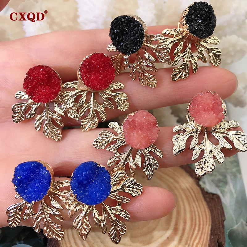 Женские серьги подвески CXQD геометрические из золотистого полимера с листочками