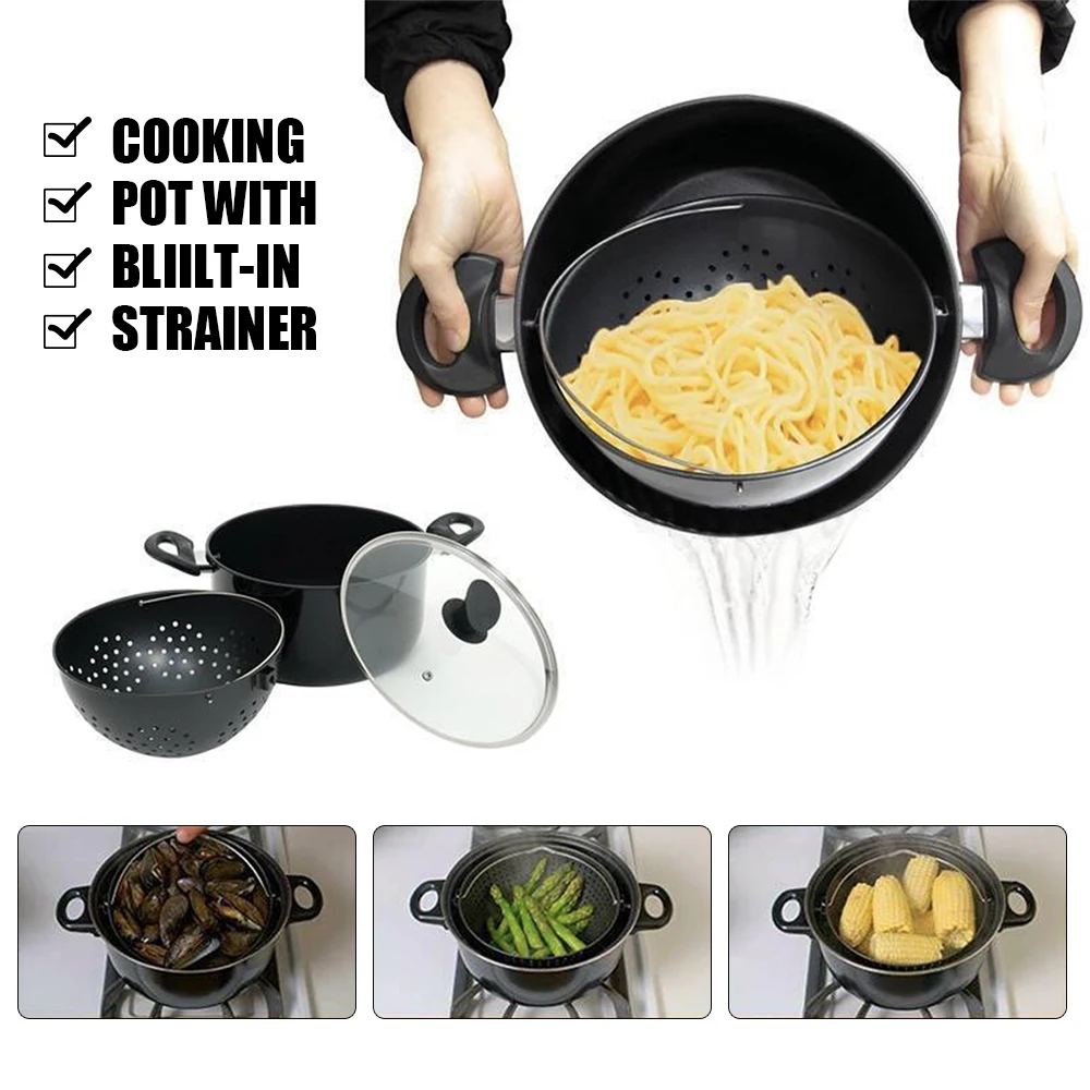 

Cooking Pot with Built-In Strainer Water Filter Non-stick Pot Drain Basket Multifunctional Stainless Steel Cooking Pot Dropship