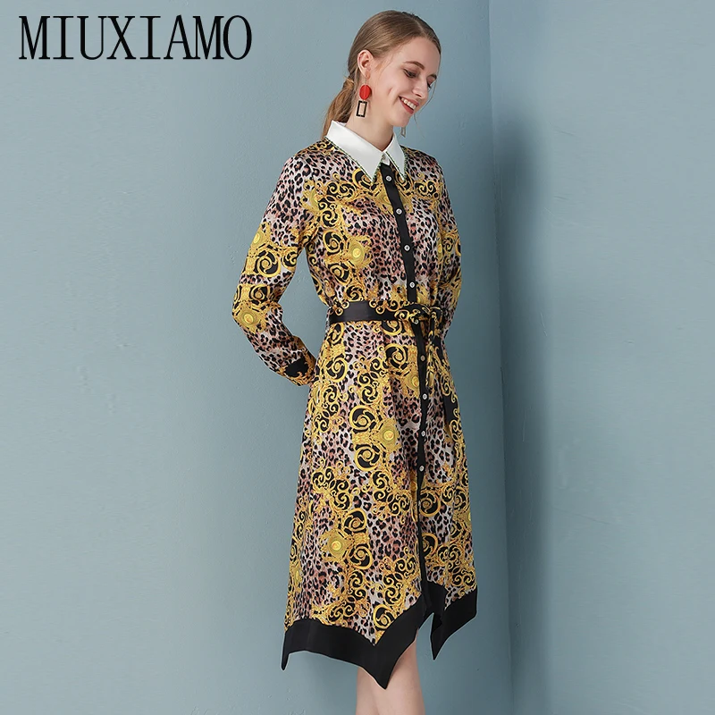 MIUXIMAO, высокое качество, осень и весна, платье с цветочным принтом, неравномерное, офисное, женское, элегантное, Повседневное платье, женское платье с поясом
