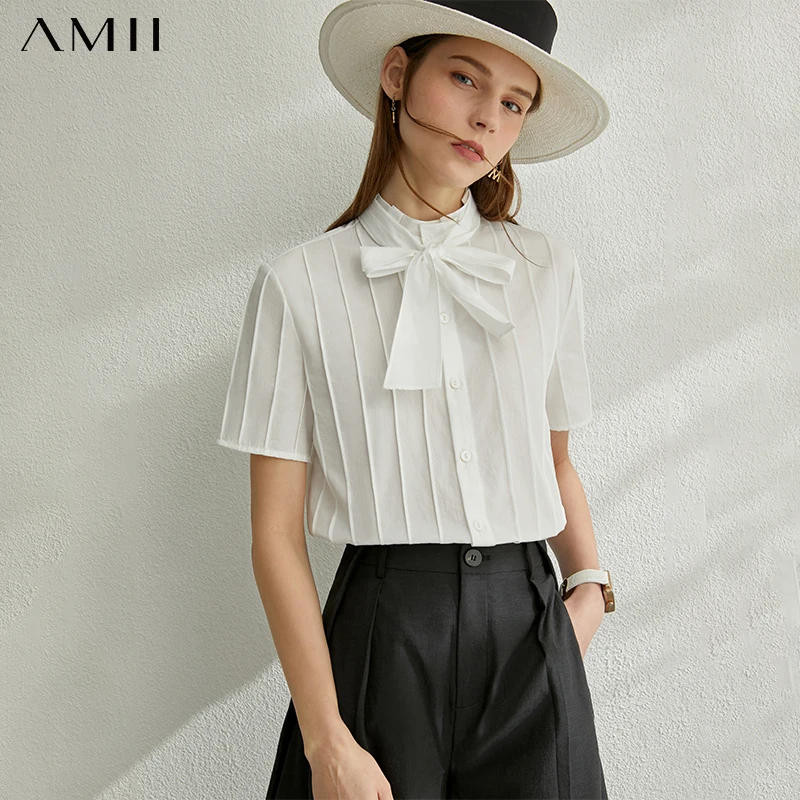AMII Minimalism Spring Summer Solid Stripe Women Blouse Tops Caual Bow Neck Loose White Female Blouse 12040280 AMII Minimalism Spring Summer Solid Stripe Women Blouse Tops Caual Bow Neck Loose White Female Blouse 12040280