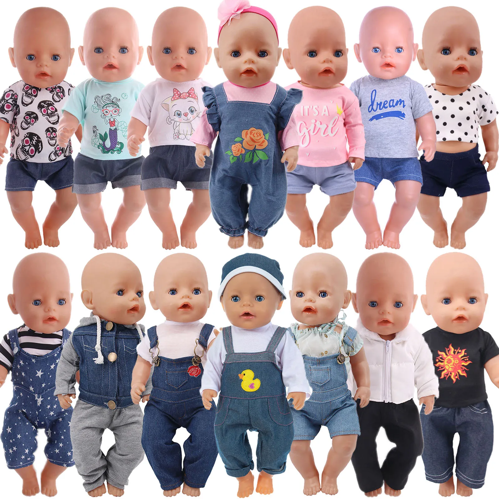 43cm Baby Doll Clothes Denim18 Inch Reborn Baby New Born Doll Clothes 2Pcs/Set Shirts+Pants Unicorn Duck Whale Dogs Clothes Toy 2pcs cotton newborn sleepsack baby swaddle blanket wrap hat set infant adjustable new born sleeping bag muslin blankets 0 6m