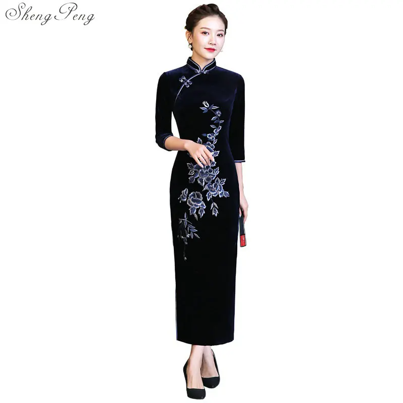 Chinese Style Dress Cheongsam Qipao Velvet Patchwork Slit Dress Midi Elegant Chinese Dresses Wine Sexy Oriental Dress V1717