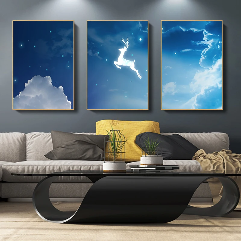 

Fawn Blue Sky White Clouds Starlight Moon Landscape Painting Abstract Poster Canvas Print Wall Art Picture Living Home Decor