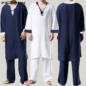 

Men Patchwork Sets INCERUN Chinese Style Suits Loose Long Sleeve V Neck Tops Elatic Pants 2 Pieces Casual Cotton Tang Suits 5XL
