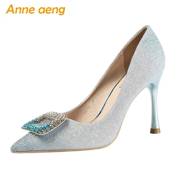 

2019 New Autumn Women Pumps High Thin Heel Pointed Toe Crystal Bling Bridal Wedding Women Shoes Blue Sexy Ladies High Heels