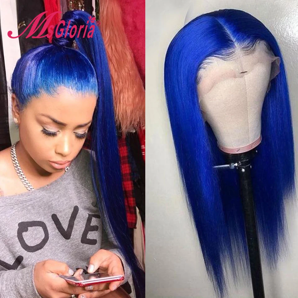 Blue Colored Human Hair Wigs For Women Pre Plucked Hairline 150 Density Brazilian Remy Straight 13x6 Lace Front Wig | Шиньоны и парики