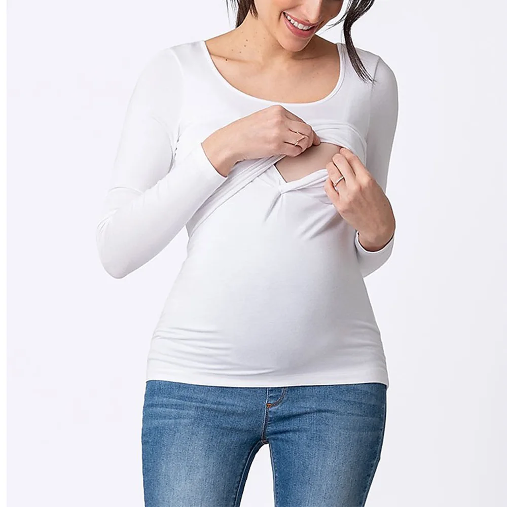 Осенняя Женская одежда для беременных с длинным рукавом, топы для грудного вскармливания, Футболка для беременных, одежда для кормящих мам