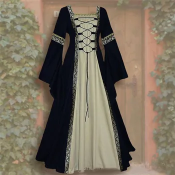

Gothic Medieval Bandage Maxi Dress Women Vintage Robe Square Collar Flare Sleeve Long Dresses Plus Size Goth Plus Size S-5XL