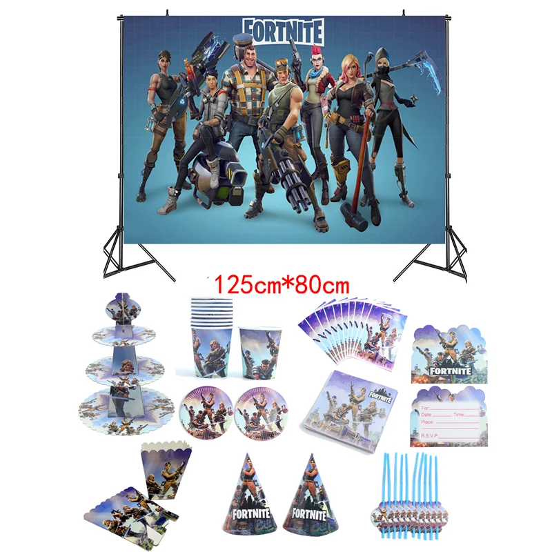 Fortnite-bandeja de vasos de papel para decoración de cumpleaños, Set de vajilla, accesorios para fiesta, Fondo de cumpleaños, paño