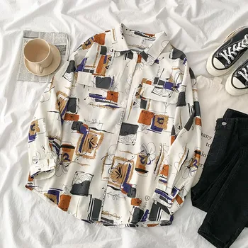 

2020 summer new printed women shirts turn-down collar long-sleeved loose casual all match cool female outwear tops