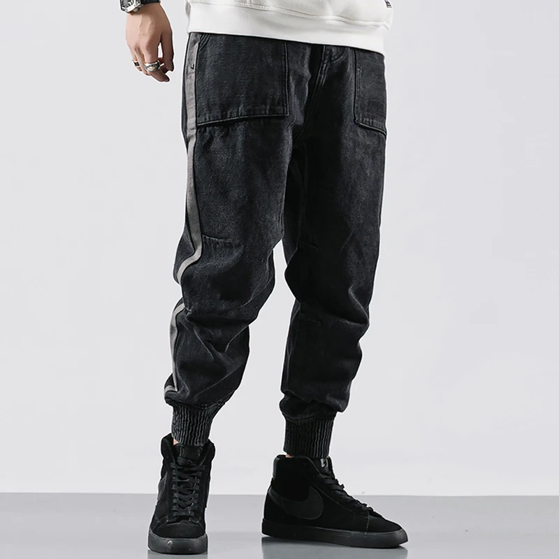 

Jeans Men Japanese Style Hip Hop Joggers Jeans Homme Fashion Streetwear Men Jeans Loose Fit Stripe Designer Cargo Pants Harem