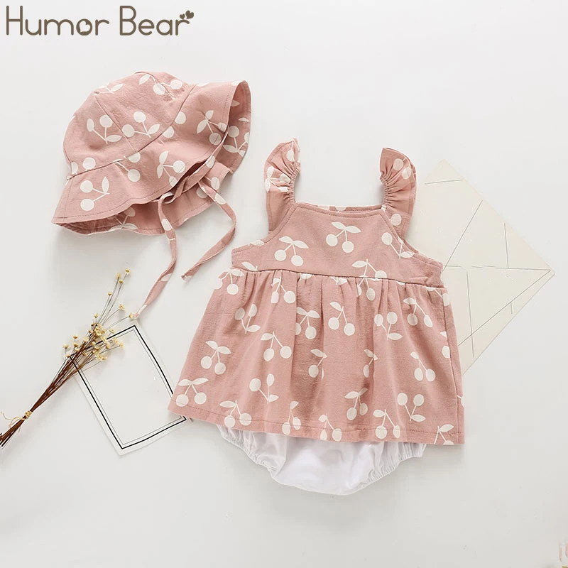 Humor ours 2020 été bébé vêtements flambant neuf barboteuses vêtements mode mignon cerise imprime enfants vêtements + chapeau enfant en bas âge fille robe