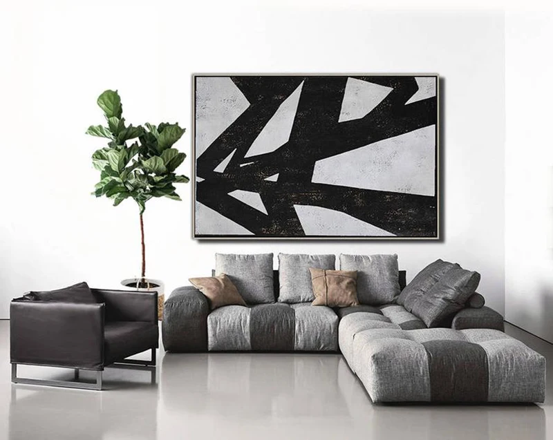 

Geometric Art Canvas Painting, Large Horizontal Canvas Art, Black and white Minimalist Modern Art