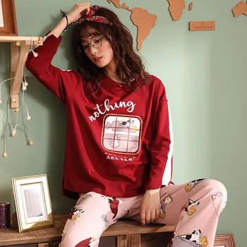 

Women's Suits Sleepwear Cotton 2020 Autumn New Red Cartoon Printed Pajamas Girl Home Clothes Cute Loose Spring/Summer