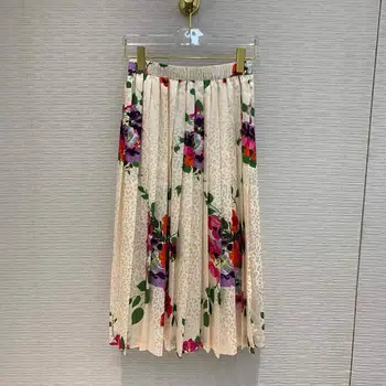 

2020 new fashion pleated long skirts womens runway design leopard flower print apricot vintage spring summer skirt sweet skirt