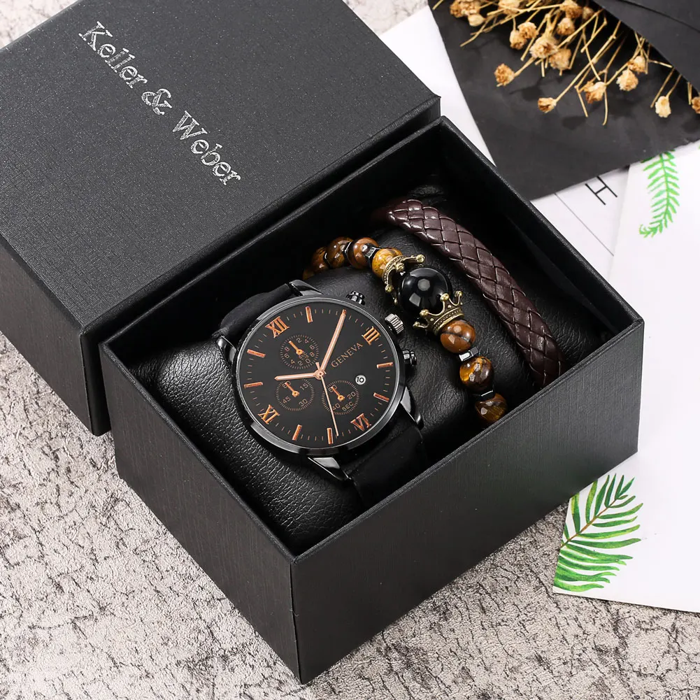 Personality Men's Watch Bracelets Gift Set Luxury Leather Quartz Date Watches with Box for Boyfriend Gifts Idea for Father's Day сумка шопер burn with idea блестки без молнии без подкладки