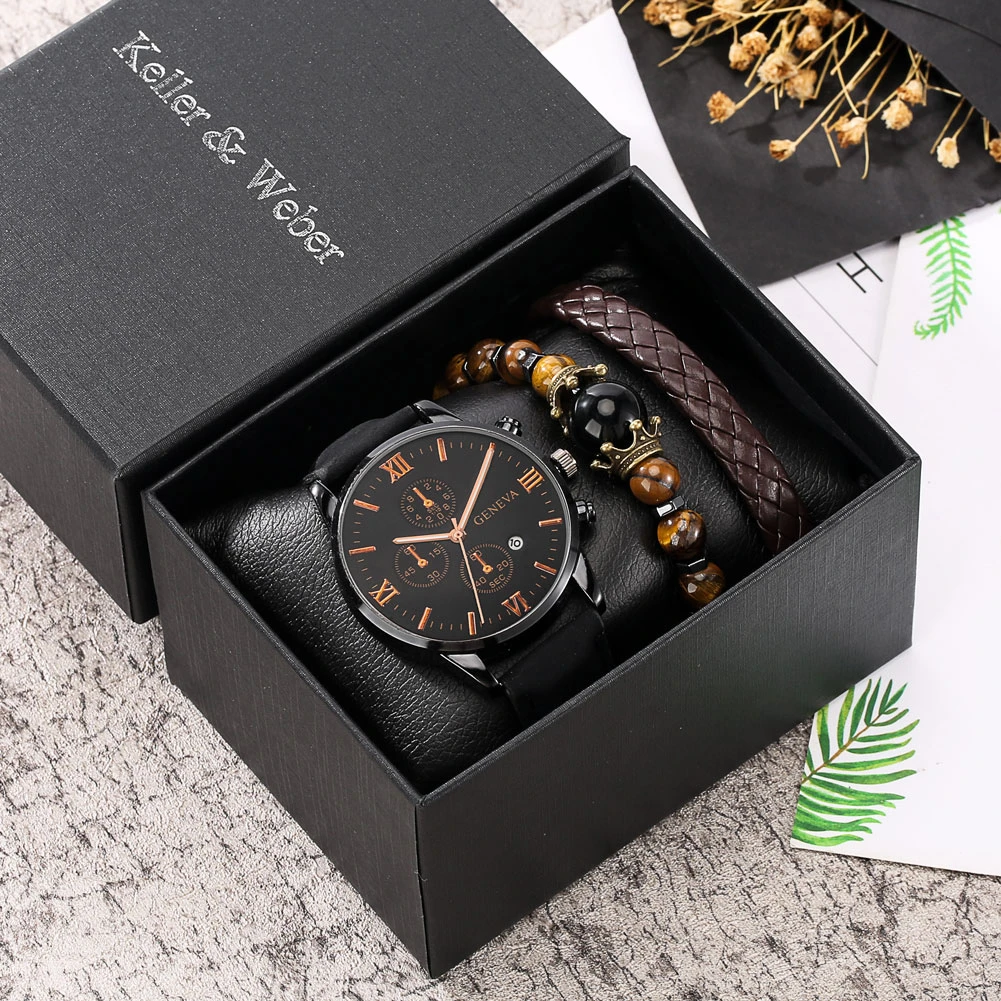 Personality Men Watch Bracelet Set Men's Black Quartz Watches For Man