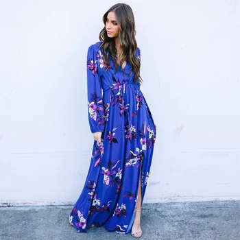 

Spring Summer Long Sleeve Bohemian Print Dresses Woman Ankle-length Empire Waist V-neck Female Dresses