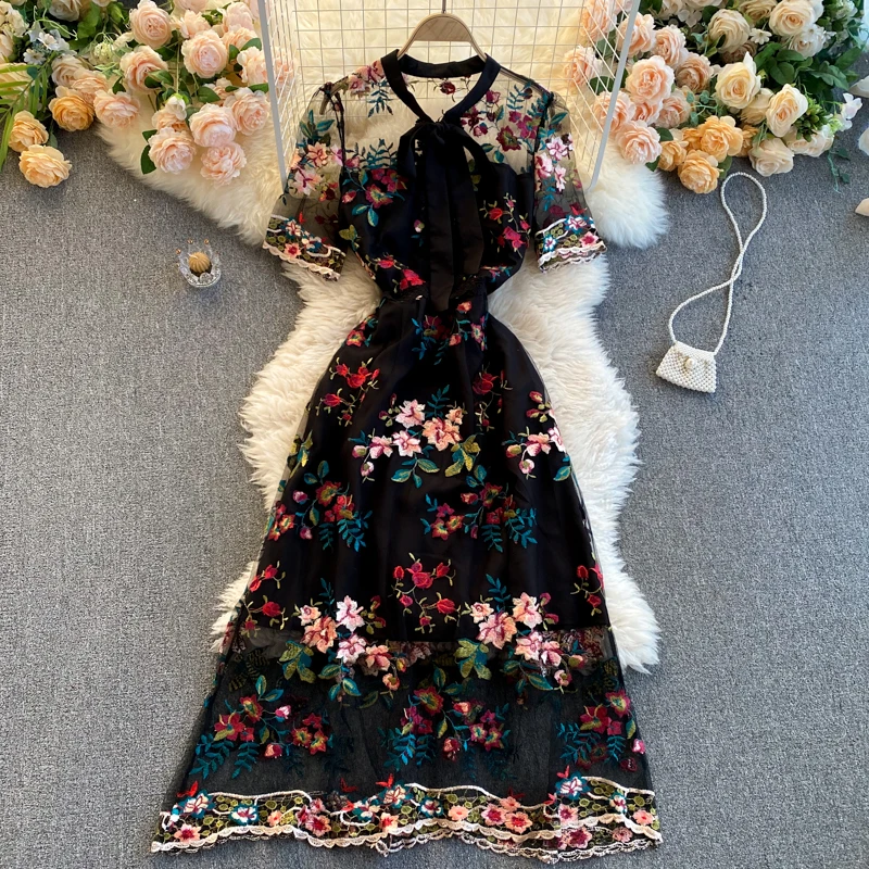  Chic Mesh Embroidery Flower Women Dress 