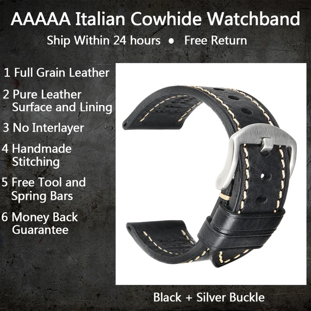 MAIKES Handmade Watch Band Genuine Cow Leather Watch Strap With Butterfly Buckle Bracelet For MONTBLANC Tudor Watchbands Black S Buckle