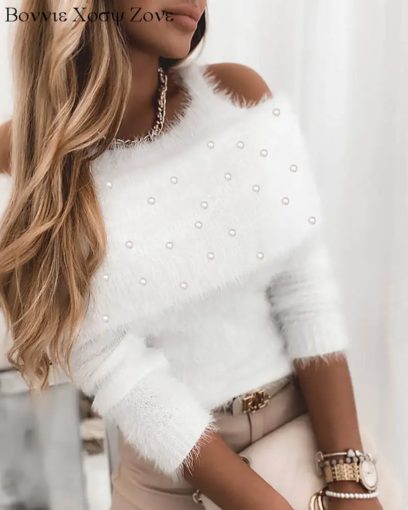 

Women Long Sleeve Cold Shoulder Beaded Fluffy Sweater Casual Daily Tops