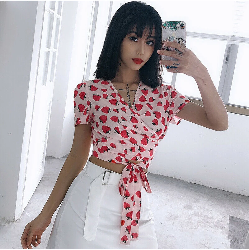 Бохо пляжное Для женщин летний топ Kawaii милые бак со шнуровкой футболка Bowknot короткий рукав повязки, Женская Туника Dames в уличном стиле