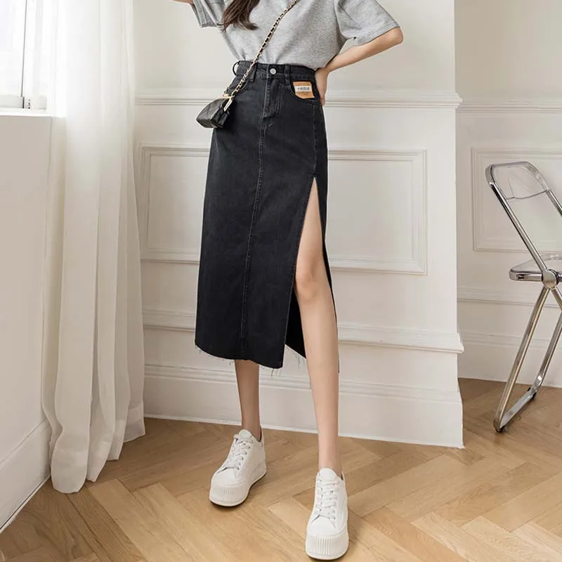 Split Denim Skirt High Waist Vintage Denim Jeans Skirts Casual Wash Split Long Skirt Korean Harajuk Blue Skirt Femme jeans women baby blue summer commuting college style versatile fashion shorts wash water high waist slim straight