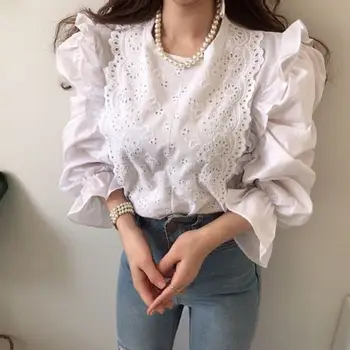 

COIGARSAM Full blouse women Patchwork Puff Sleeve Hollow Out blusas womens tops and blouses White Apricot 2160