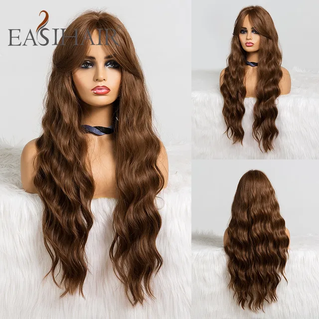 EASIHAIR Long Dark Brown Women's Wigs with Bangs Water Wave Heat Resistant Synthetic Wigs for Black Women African American Hair LC357-1