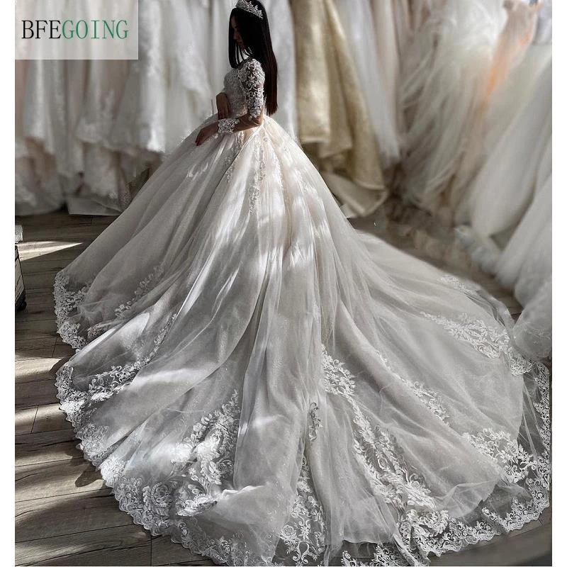 cheap wedding dresses Luxurious Ivory Lace Tulle Long Sleeves Floor-Length  Ball Gown Wedding Dress Chapel Train Custom Made pink wedding dress