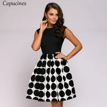 

Capucines Girl's Patchwork Print A Line Mini Summer Dress O-Neck Sleeveless Casual Slim Vintage Party Dresses For Women Vestidos