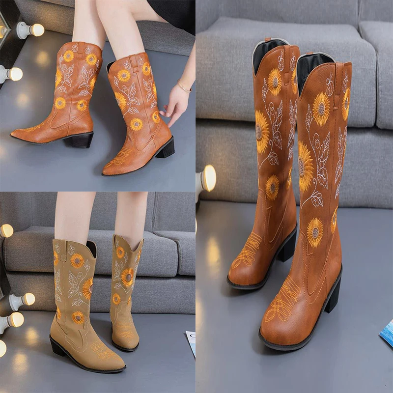 Botas vaqueras occidentales bordadas clásicas para mujer, zapatos de tacón  bajo de cuero, hasta la rodilla, 2021|Botas a media pantorrilla| -  AliExpress