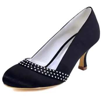 

A0718 Women Shoes wedding Bridal Mid Heels Satin Closed Toe Evening Prom Party Dress Pumps Black Size 37