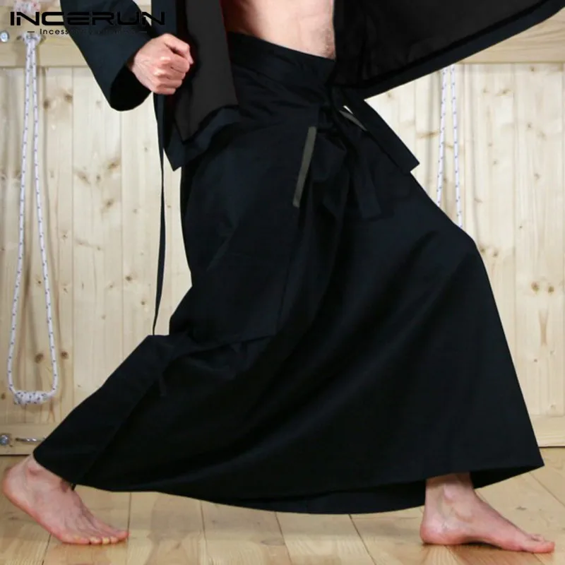 INCERUN винтажные мужские s килты боевые искусства стиль брюки самурая килт Кендо юбки брюки сплошной цвет мужские длинные юбки