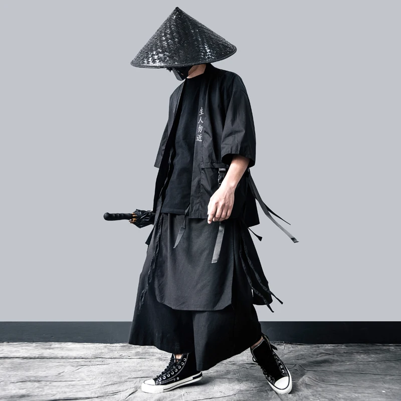 Harajuku Open Stitch Kimono Jackets Men Hip Hop Thin Coat Ribbon Streetwear Male Fashion Autumn Mens Loose Jacket