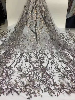 

(5yards/pc) High grade gray color African tulle lace excellent embroidered French net lace with sequins for party dress FCC095
